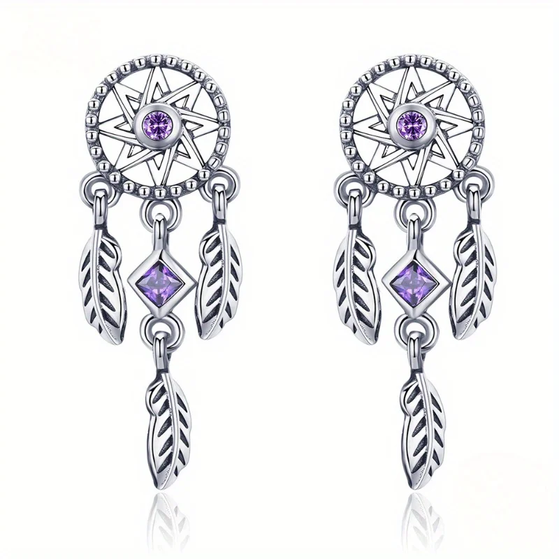 S925 Silver Hypoallergenic Ear Jewelry Dream Catcher Design Purple Zircon Inlaid Dangle Earrings Elegant Style Delicate Female G