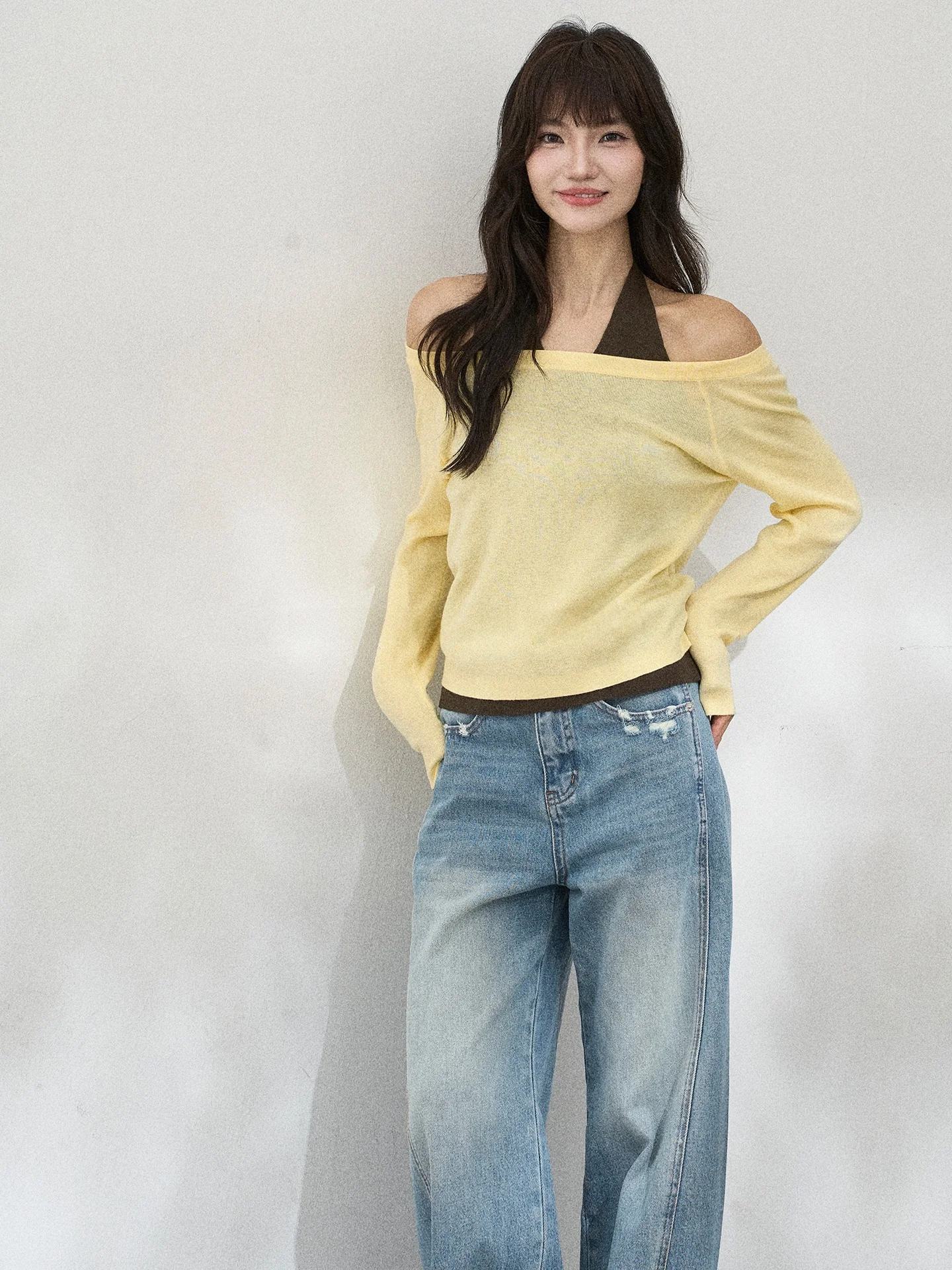 

Женский вязаный топ Flower7 с открытыми плечами, длинными рукавами, в стиле колор-блок, корейский стиль, средней толщины, весенняя мода