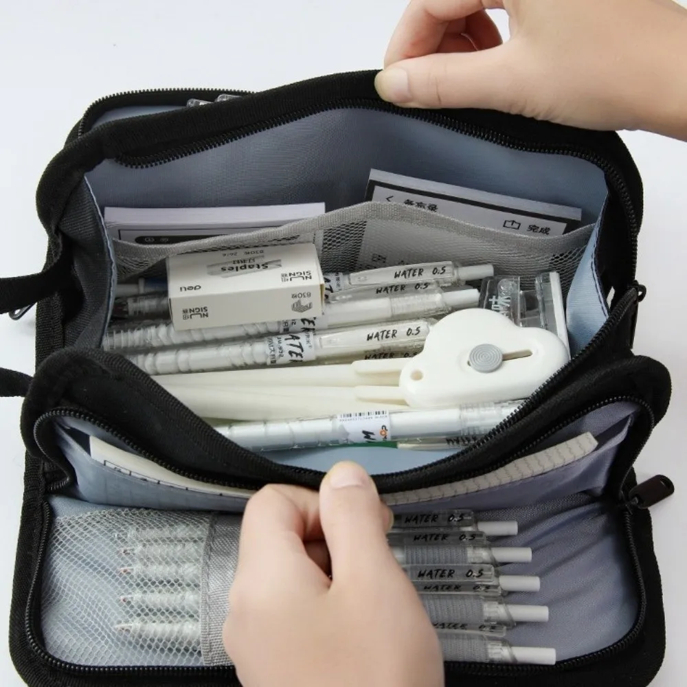 Large-capacity Grid Pencil Case Multi-layer Simple Pen Storage Bag Portable Zipper Student Stationary Boxes Study Supplies