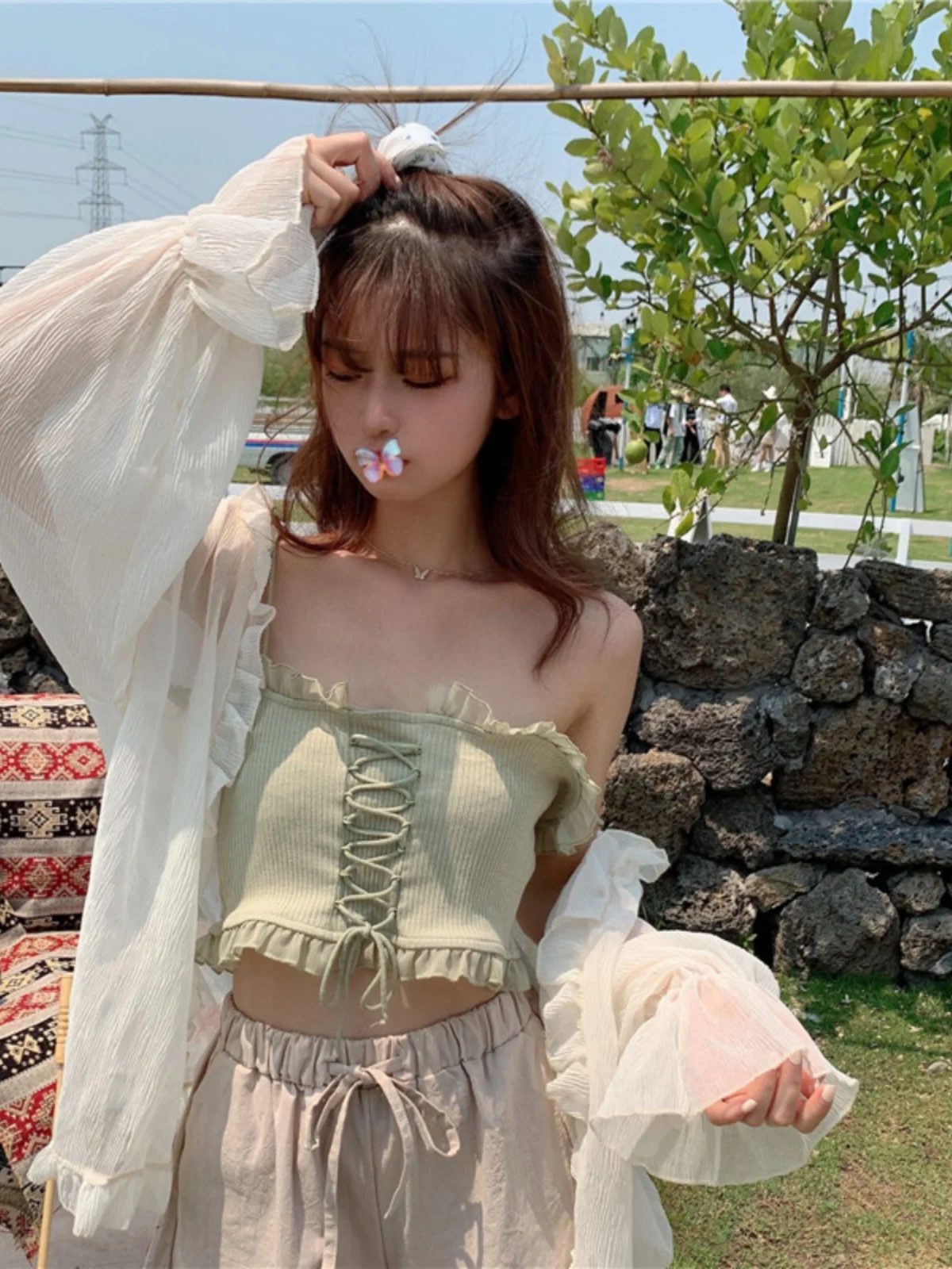 

Summer Thin Chiffon Top awl Women's Outerwear Sun Protection Korean Sle Bubble Sve V-ne Regular Length Casual Dr