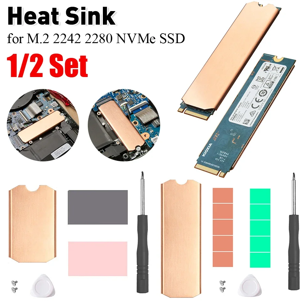1-2 Set Copper Heat Sink Kit For M.2 2242 2280 NVMe SSD 0.5mm 401W Copper Solid State Disk Radiator with Thermal Silicone Pad