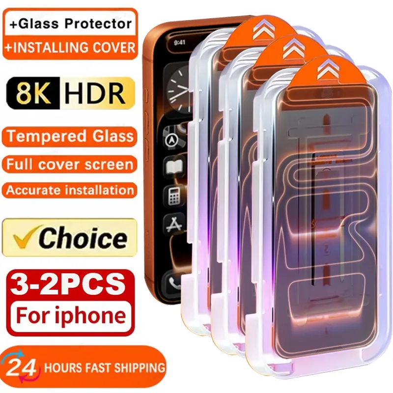 3-2 قطعة زجاج خالي من الغبار آيفون 17 برو ماكس اير 15 11 13 12 14 16 برو ماكس زائد طلاء Oleophobic EZ Installa واقي للشاشة
