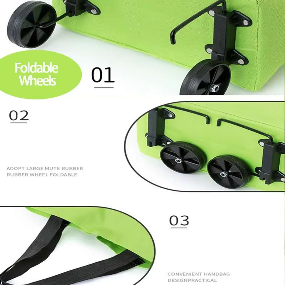Foldable Shopping Bags With Wheels Portable Roller Tote Grocery Market Cart Caddy Oxford Fabric Reuseable Lightweight Bags Green view 4