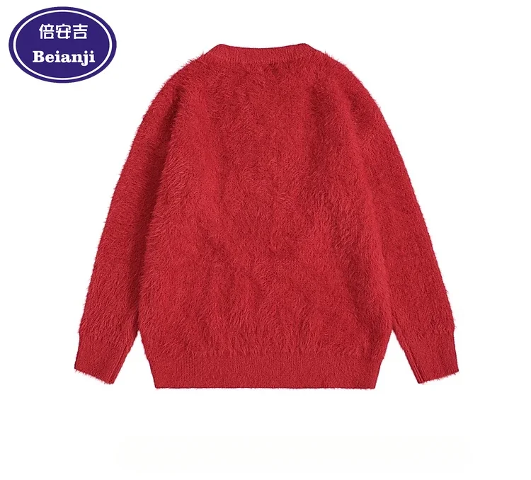 2025  Men's sweater Winter fun cartoon flocking Chinese New Year vintage loose couple casual red crew-neck pullover sweater