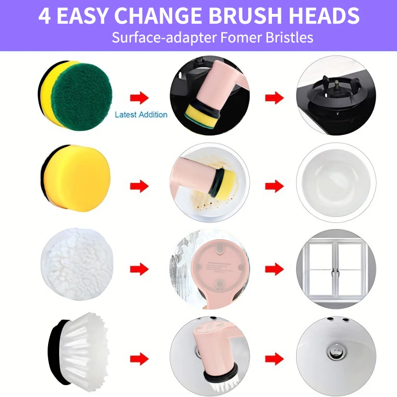 Multifunctional Electric Spin Scrubber Rechargeable with 3 Replaceable Cleaning Brush Heads or Bathroom Kitchen Oven Dish Floor