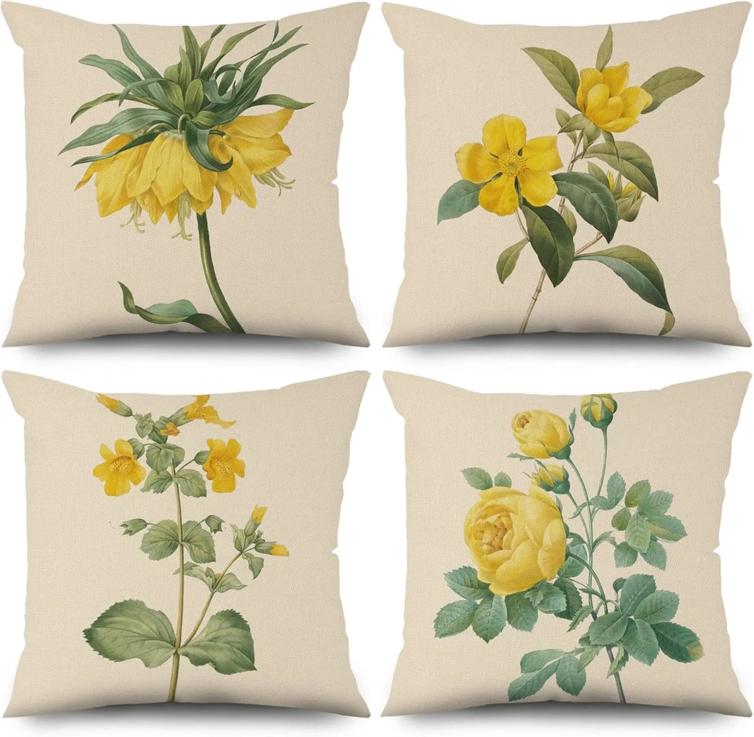 

4pcs Yellow Flower Print Pillow Covers Polyester Cushion Cases Home Decor Botanical Art Throw Pillowcase Set for Sofa Bed Living