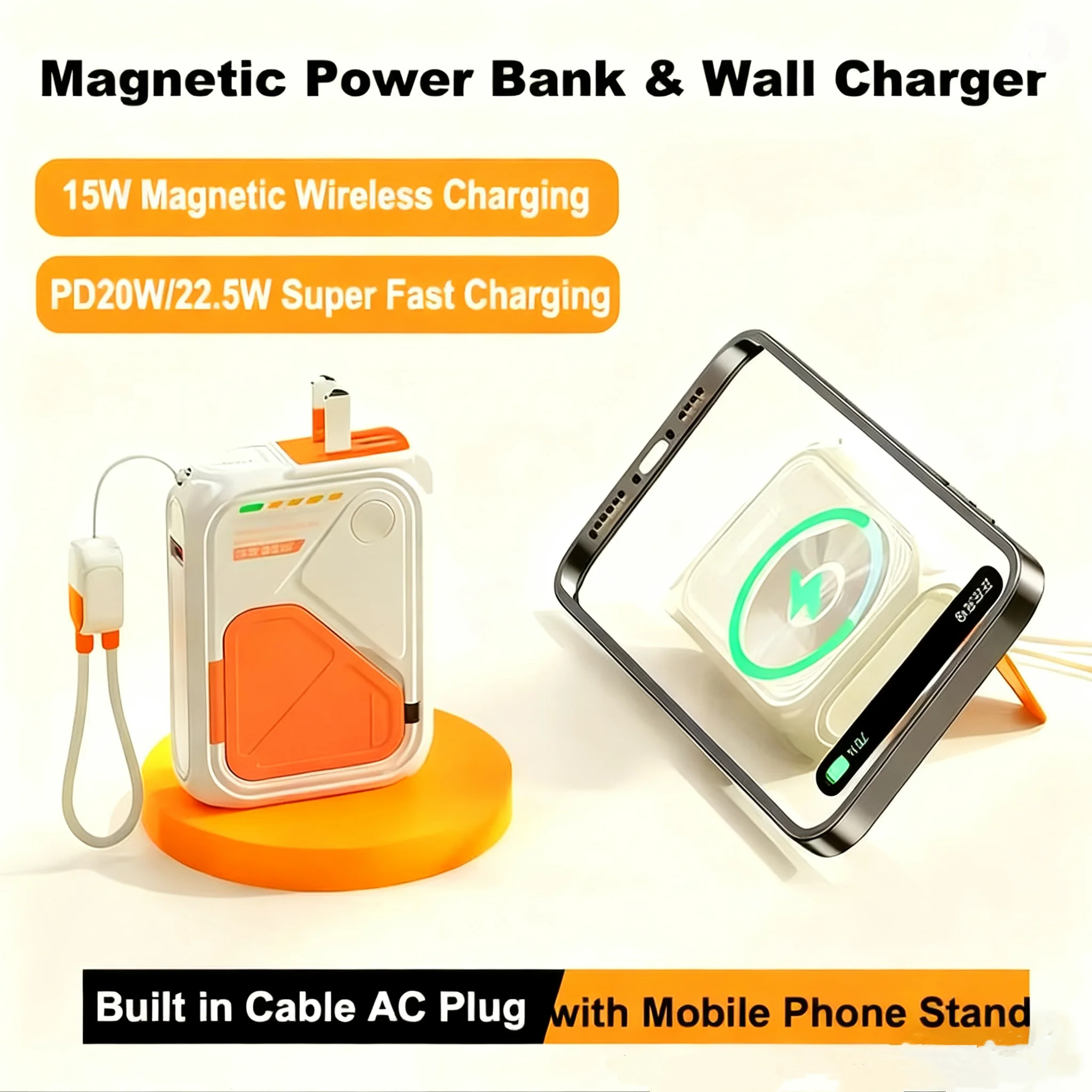 

20000mAh Magnetic Wireless Power Bank Wall Charger for iPhone 17 Samsung Xiaomi 22.5W Fast Charging Powerbank with AC Plug Cable