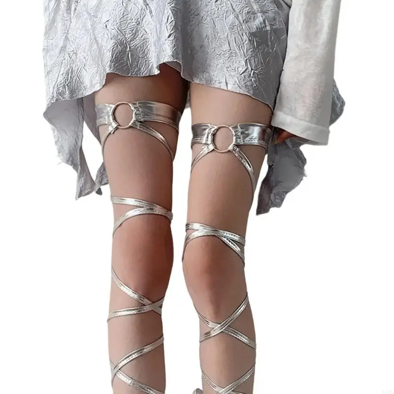 

L5YC Adjustable Glossy Thigh High Leg Band For Women O Rings Straps And Crosses Lace Up Closure