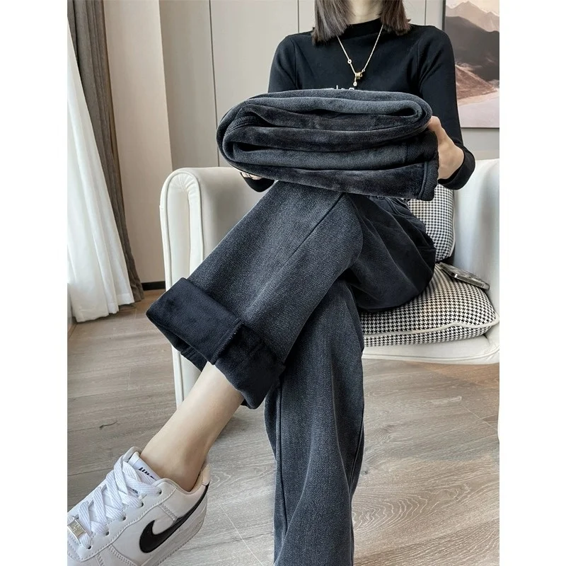 

Ay Fce Lined Thi Широкие джинсовые джинсы с высокой талией Женские зимние теплые прямые брюки длиной до пола Студенческие брюки для папы