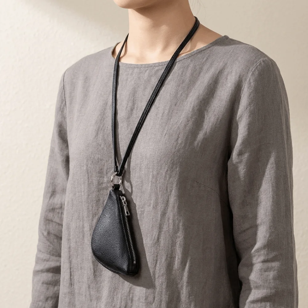 Genuine Leather Hanging Neck Coin Purse Mini Purse Lanyard Wallet Bag Pendant Lipstick Key Storage Earphone Bag Streetwear