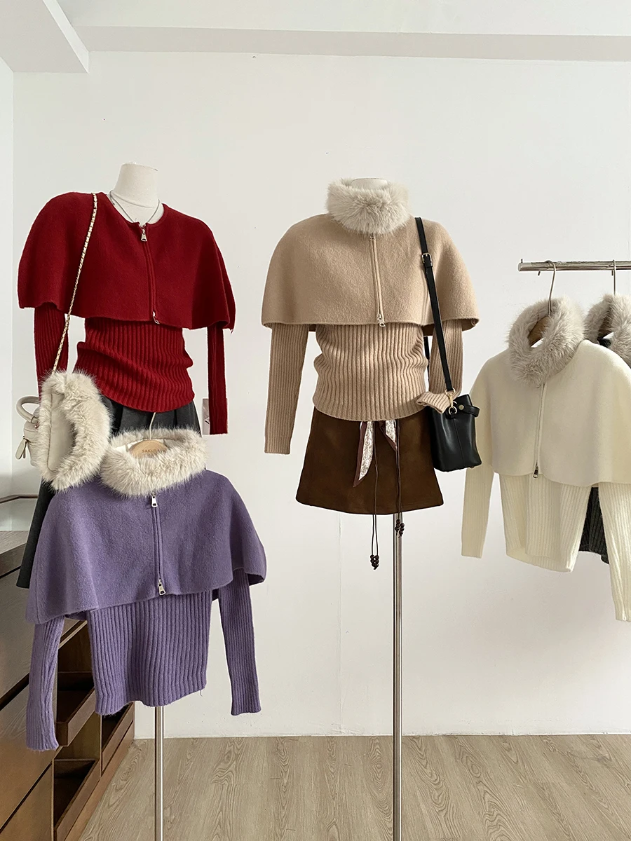 

Retro Slim Fit Knit Sweater with Plush Patchwork Scarf Women's Fashion Autumn Winter High Waist Zipper Decorated Color Set