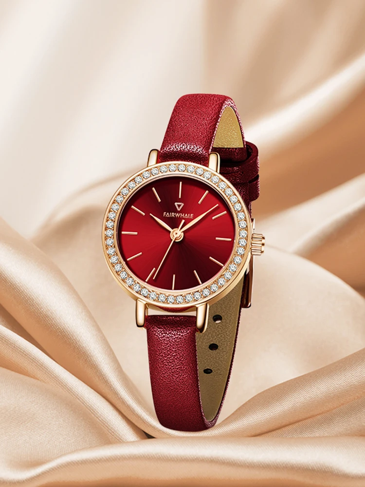 MARK FAIRWHALE Brand FW-3280 Fashion Women's Watch Leather Strap Luxury Red Dial Diamond Case Rose Gold Quartz Watches