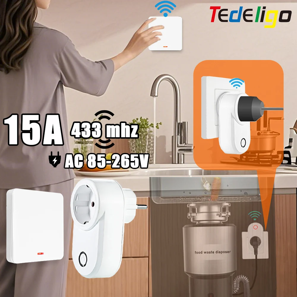 RF 433MHz Wireless Remote Control Power Socket 220V 15A EU Wall Plug Remote Switch For Lighting Fan Household Electric Devices