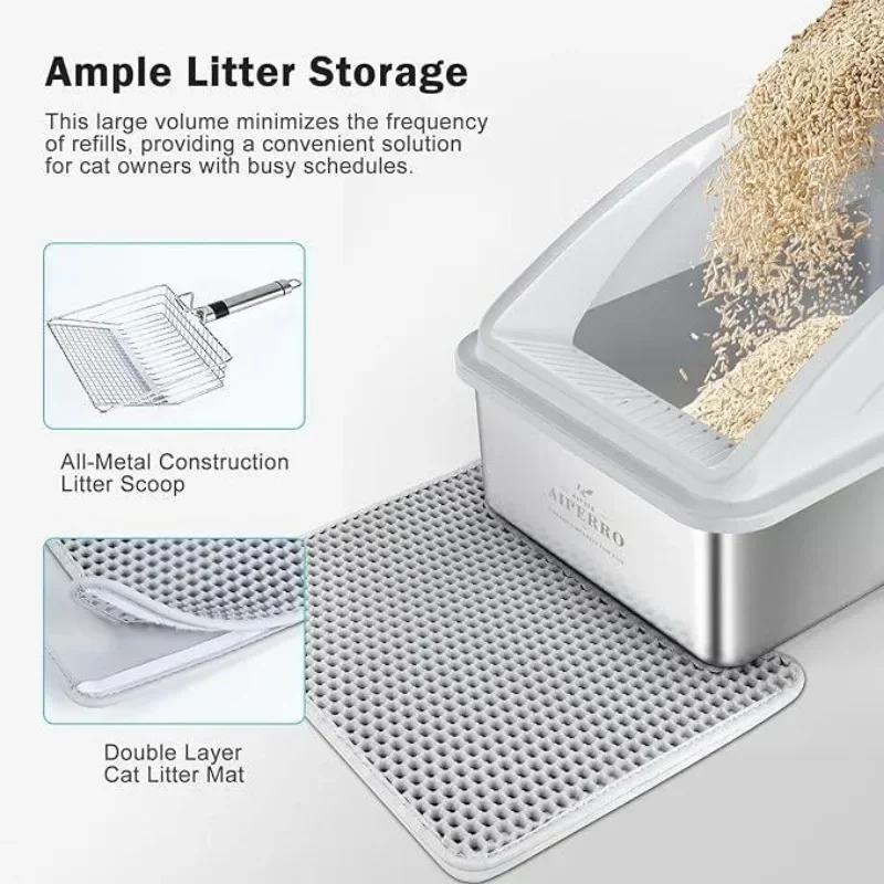 AIPERRO Enclosed Cat Litter Box Stainless Steel with Lid,with Cat Mat and All-Metal Litter Scoop, XL Extra Large Litter Box