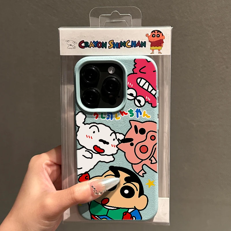Imitat-Leder Handyhülle Niedliche C-Crayon S-ShinChan Schutzhülle für iPhone 16 E 15 14 Plus 13 12 11 Pro Max XS Max XR XS X