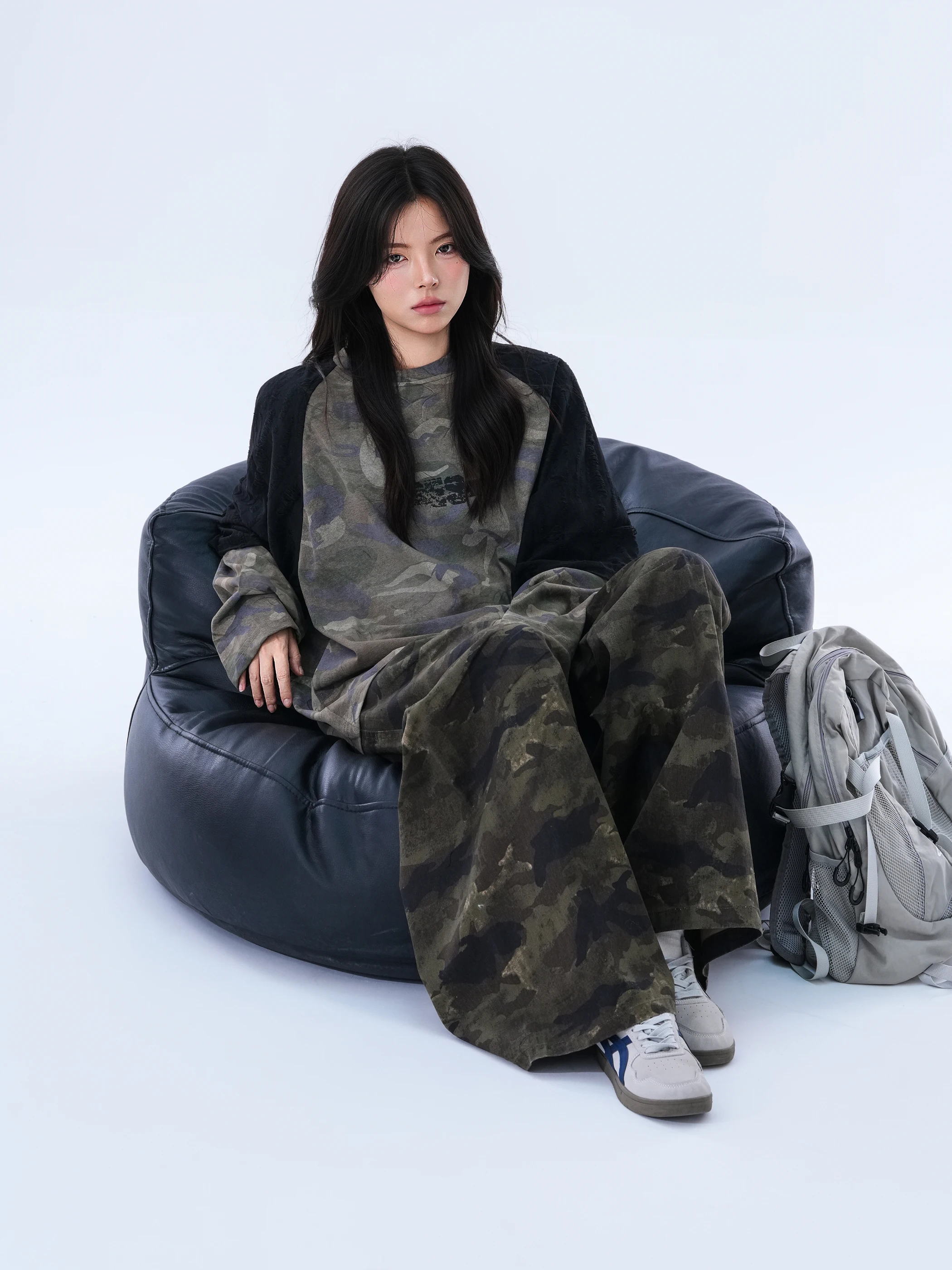 

American Retro Camouflage Patchwork Long Sve T-irt Women's Functional Cool Loose Trendy Brand Street Sle Cotton round ...