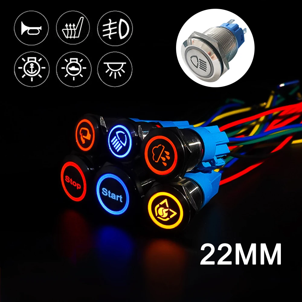 

22mm Customization Car Boat Button Latching/Momentary Waterproof Metal Push Button LED Light Automatic Reset Self Locking 12V