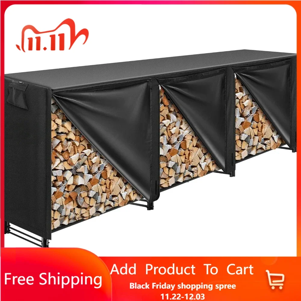 Heavy Duty Indoor Outdoor Firewood Storage Log Rack with Cover Combo Set Black