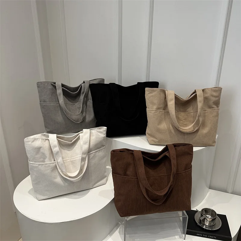 Simple Large Capacity Tote Women Shoulder Bag Retro Corduroy