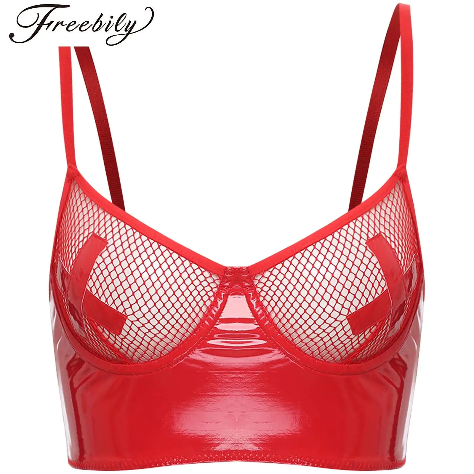 Womens Sexy Glossy Patent Leather Bra See Through Mesh Underwire Lingerie Wet Look Crop Top Push Up Bustier Balconette Sleepwear