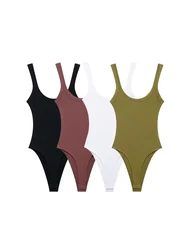TRAF-Skinny prążkowane body dla kobiet, dekolt w kształcie litery O, paski, zatrzask, kobiece kombinezony, seksowna moda