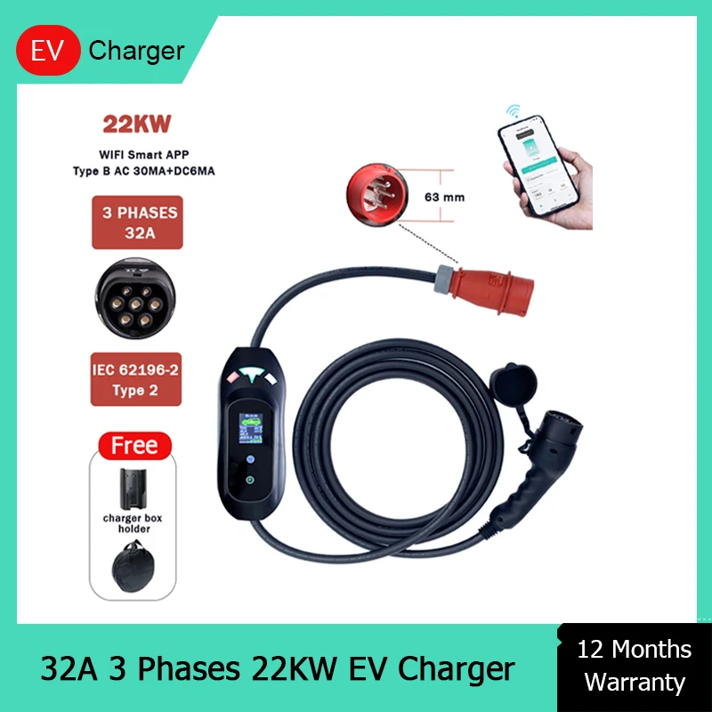 

Портативное зарядное устройство для электромобилей, тип B IEC 62196-2, 32 А, 22 кВт, 3 фазы, для электромобиля, 220-450 в, регулируемый ток, тип 2, режим 2, кабель 5 м