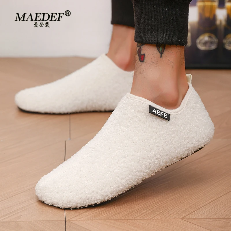 MAEDEF Cotton Shoes Men High Quality Warm Slip on Lightweight Winter Blue Plush Bedroom House Cotton Loafers Men's Warm Shoes