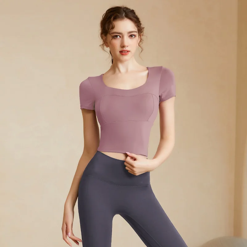 Women Sexy Yoga Slim Short Sleeve Running Fitness T-Shirt Quick Dry Fitness Clothe Sports Wear Women Blouse With Chest Pad