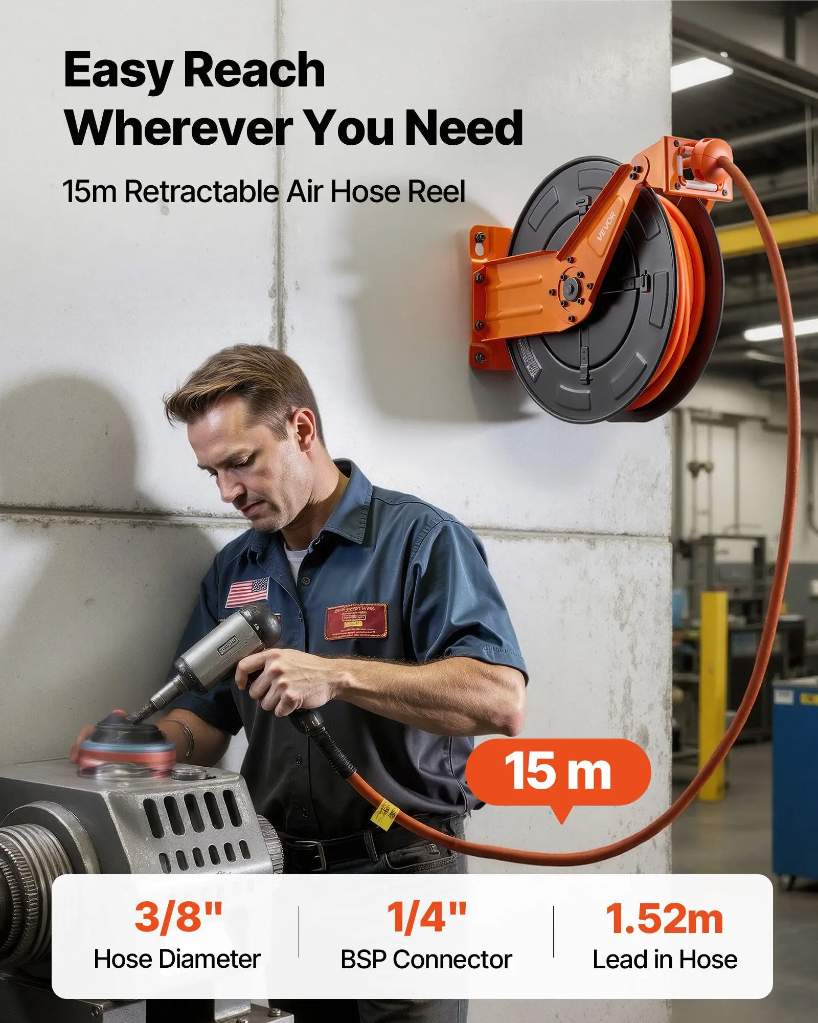 Enrouleur de tuyau d'air rétractable, tuyau d'air hybride 15m x 9,5mm, pression max. 300 PSI, enrouleur de tuyaux de compresseur d'air à enroulement automatique avec câble de 1,52m, support mural/plafond en acier robuste à double bras
