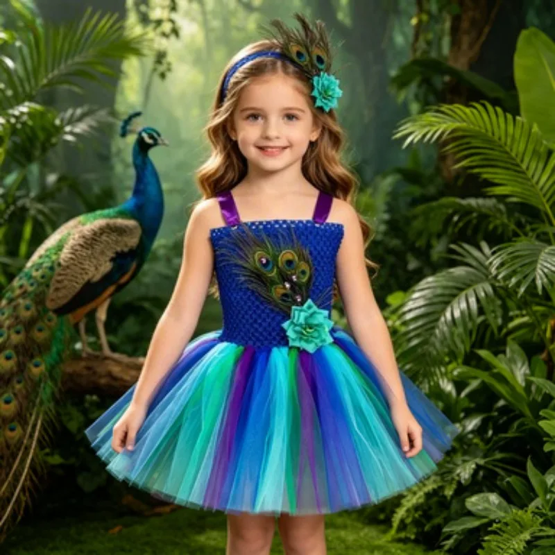 

Girls Peacock Princess Tutu Dress, Flower Feather Cosplay Costume, Kids Party Dress for Birthday, Halloween, Performance Outfit