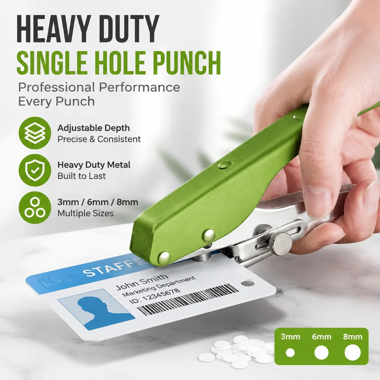 Heavy Duty Single Hole Paper Punch with Adjustable Depth Scale, Metal Professional Circle Punch for ID Card PVC DIY, 3mm 6mm 8mm