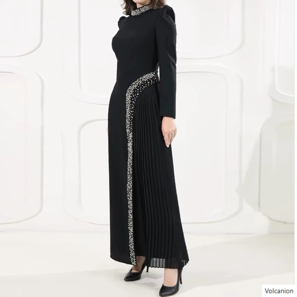 Robe de soirée trapèze personnalisée, longueur cheville, col haut, manches longues, robe de bal, plissée en cristal, Simple, drapée, à la mode