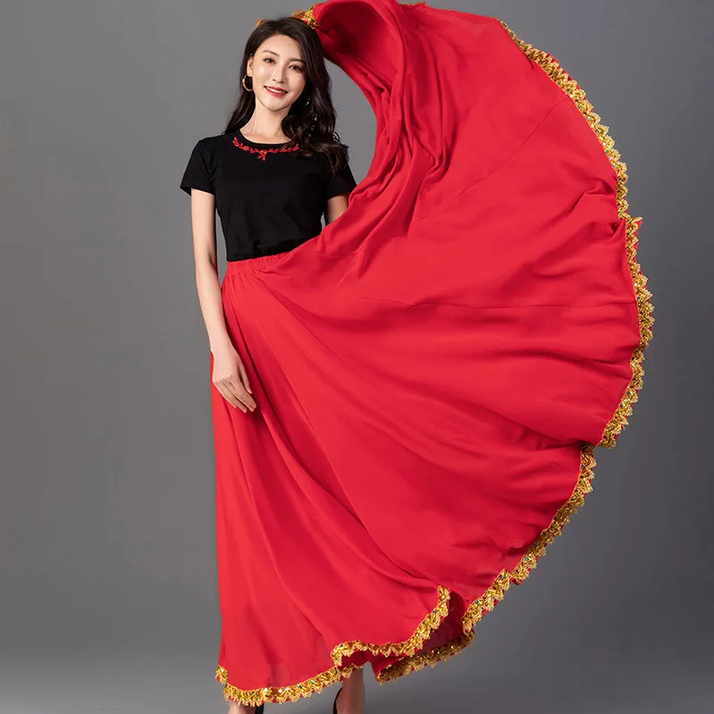 ขอบลูกไม้ Retro ชาติพันธุ์ Xinjiang Dancewear 720 องศาขนาดใหญ่ Swing เอวสูงกระโปรงเต้นรํา Flamenco STAGE Performance กระโปรง