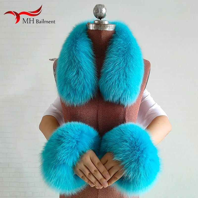 2023 New Fox Fur Square Collars Real Fur Cuffs Sets Women Winter Thick Warm Fashion Scarves Cuff Match Overcoats Accessory