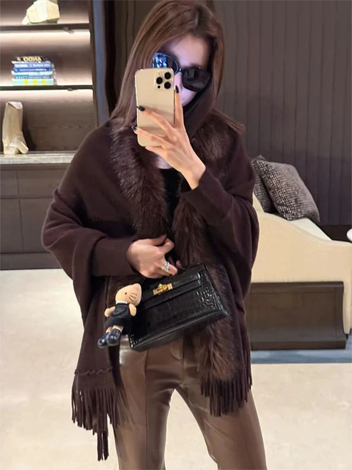 

Свободный вязаный кардиган с бахромой, осенне-зимний, винтажный, женский, повседневный, модный, открытый кардиган-свитер, коричневый цвет