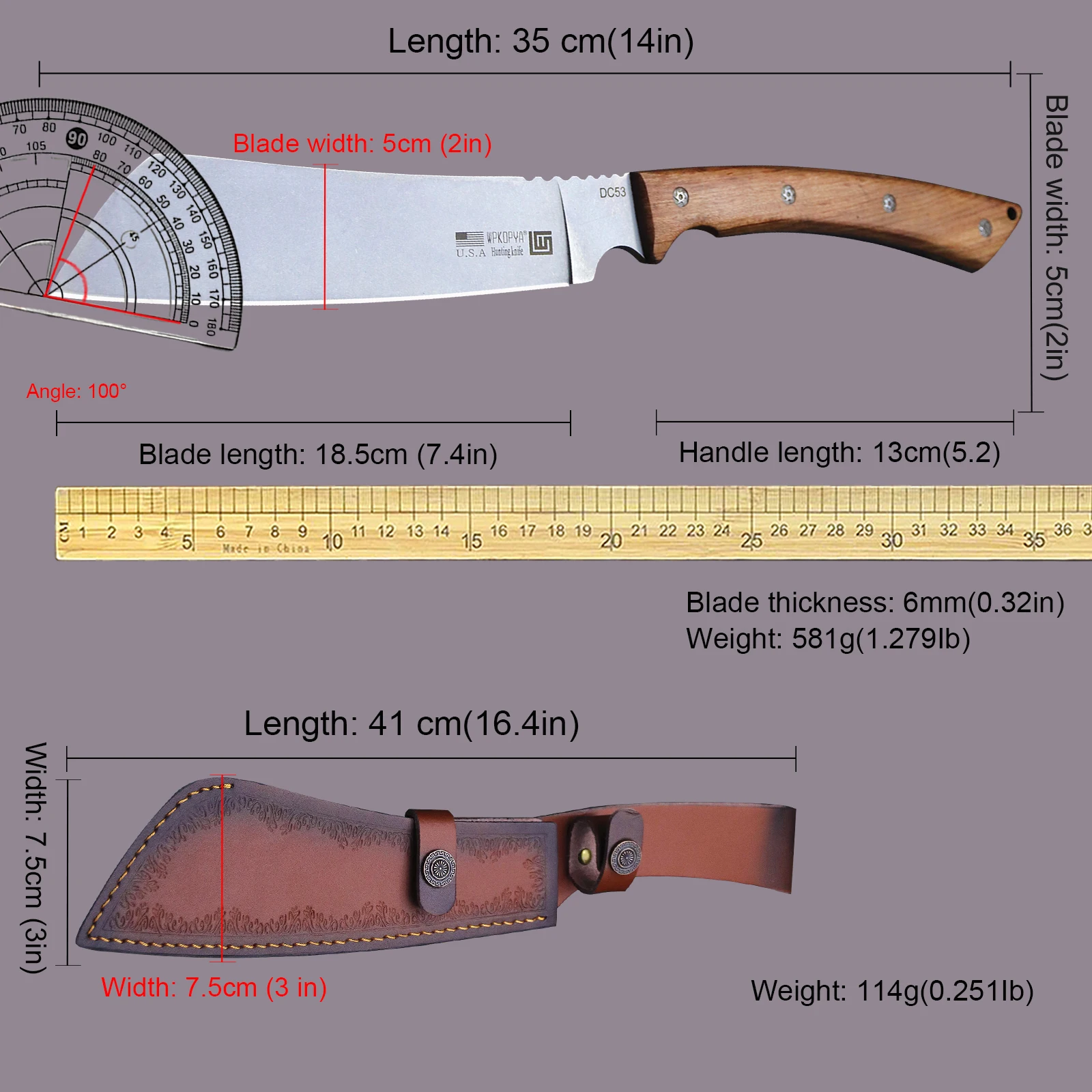 WPKOPYA U.S.A Multi-purpose All Tang DC53 High hardness firewood knife + sheath, forest logging knife, household farm tool knife