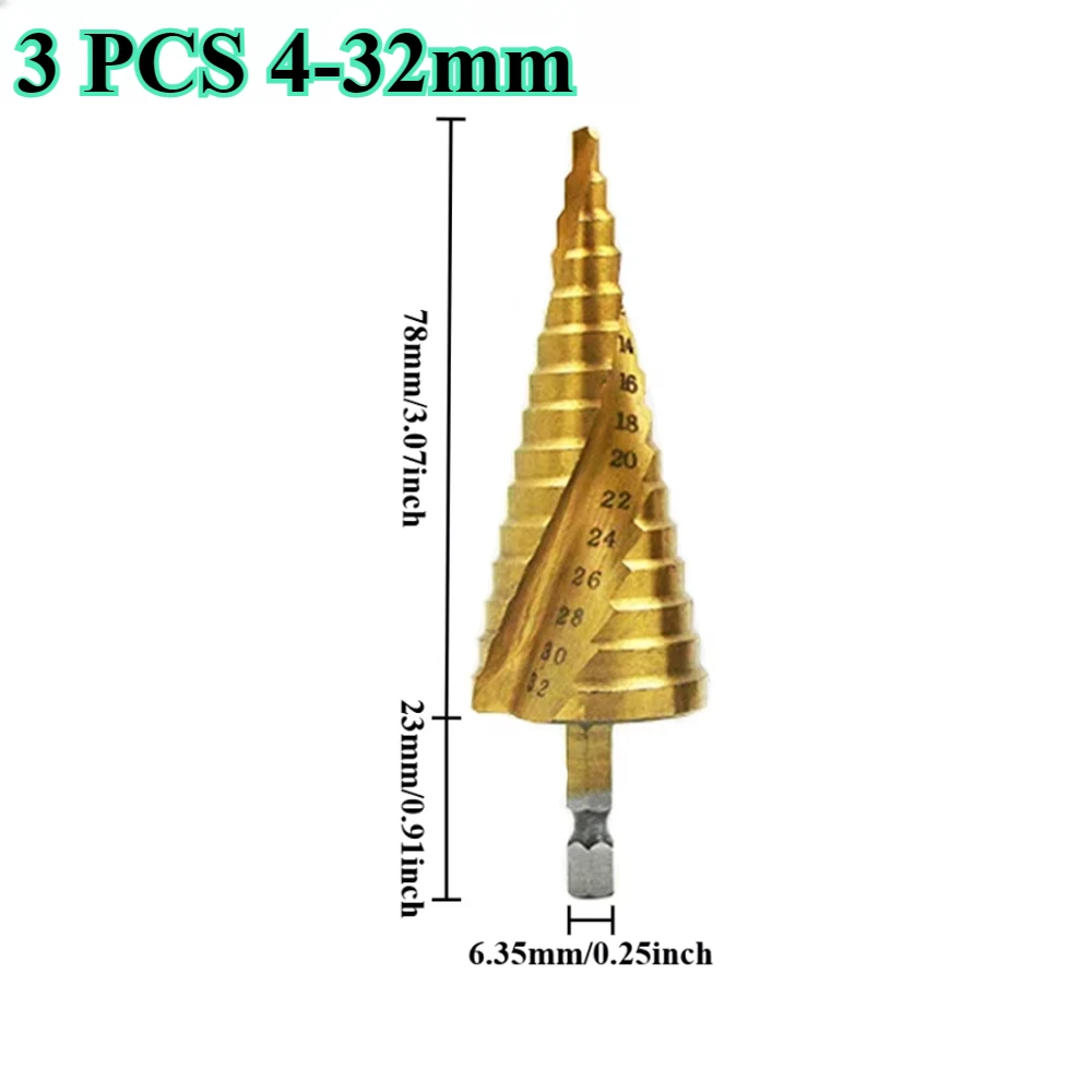 3pcs HSS Spiral Flute Grooved Titanium Coated Step Drill Bit Hex Shank Wood Metal Hole Cutter Universal Power Tools-Gold