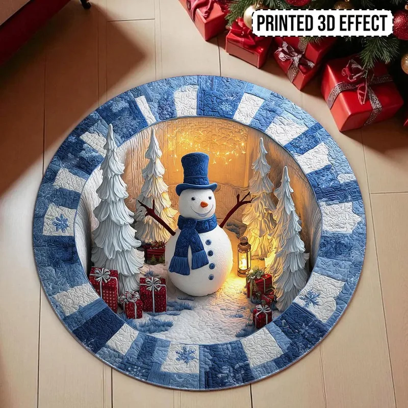 3D-Schneemann, runder Weihnachtsteppich, blauer Winterteppich, Urlaub, Schneeszene, Bodenmatte mit Laterne und Geschenken, gemütliche Weihnachtsdekoration