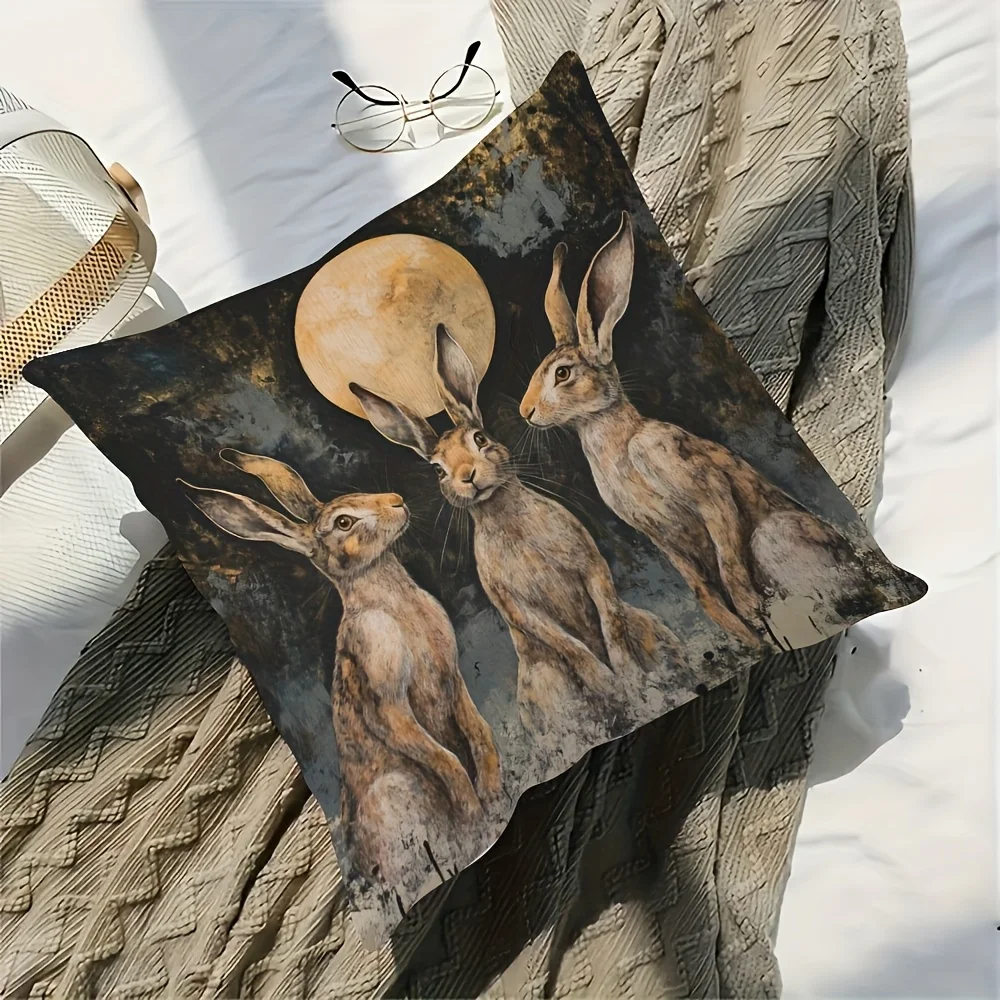 1pc Vintage Moon Hares Pillow Cover, Polyester 2-Side Print, Three Rabbits Under Full Moon Art, Woodland Animal Lover Gift