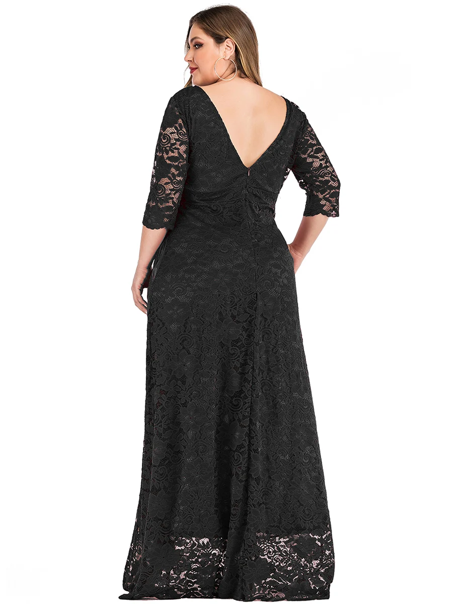 Plus Size Lace Party Dress Woman Summer V Backless Elegant Sexy Eveing Club Dress Pockets Floor Length Maxi Long Dresses