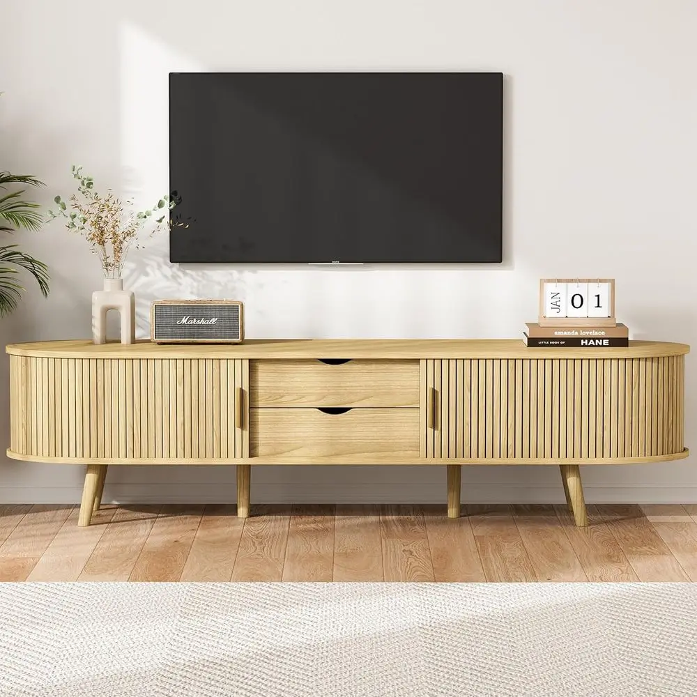 

Oak 75 TV Stand with Storage, Living Room Media Console, Sliding Door & Curved Edges