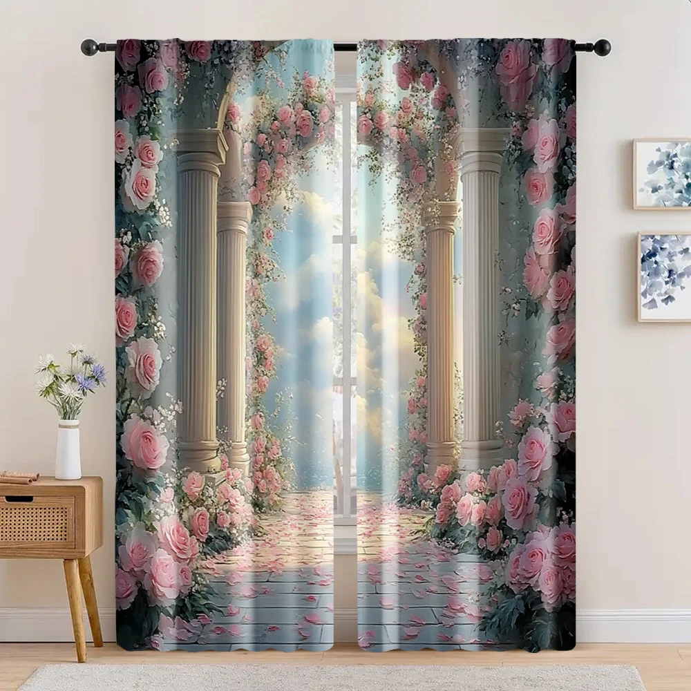 

2pc, Romantic Valentine's Day Party Window Curtains Fresh and colorful rose Versatile Fabric,Without Electricity Spring Party &