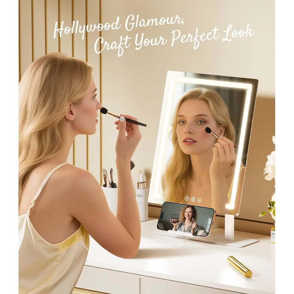 مرآة زينة LED قابلة لإعادة الشحن بقدرة 4000 مللي أمبير في الساعة مع تكبير 5X/10X، إضاءة بثلاثة ألوان، تحكم باللمس، حامل هاتف، 11x16.8 للسرير #6