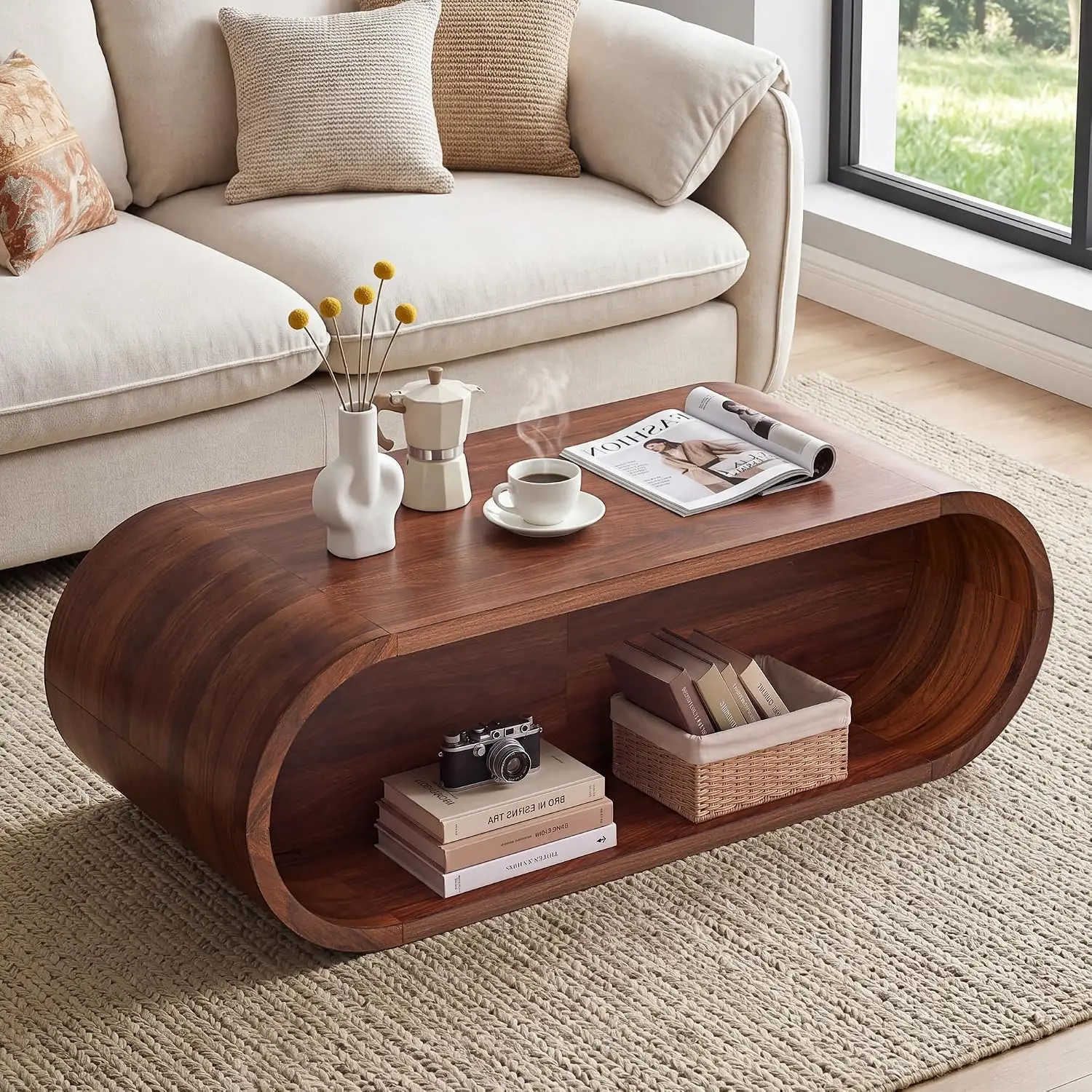 Oval Coffee Table 2-Tier Storage Shelf Modern Curved Wood Accent Table Living Room Small Space 47'' Walnut, Customized