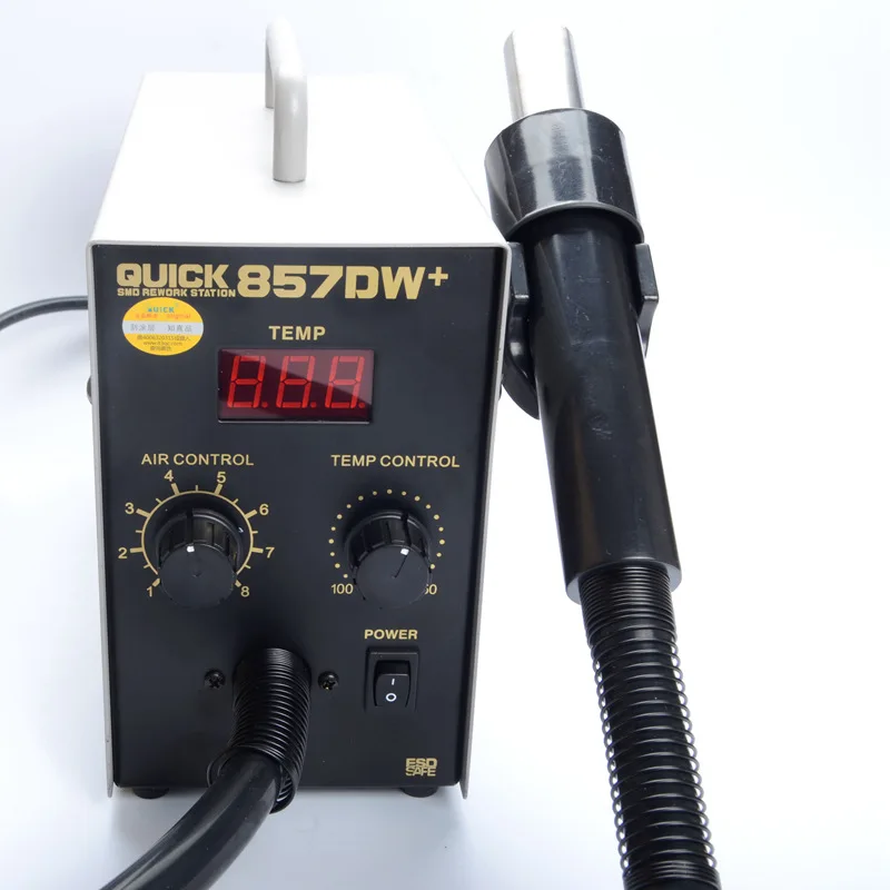 QUICK 857DW+ Regulowana stacja lutownicza z gorącą wiatrówką Podgrzewacz spiralny Wiatrak pneumatyczny Stacja lutownicza SMD