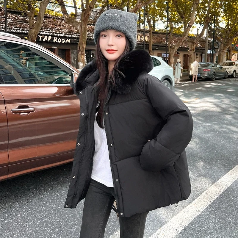 

2025 зимняя новая теплая пуховая хлопковая куртка с капюшоном и меховым воротником, женские парки, модная свободная хлопковая куртка, женская верхняя одежда, пальто