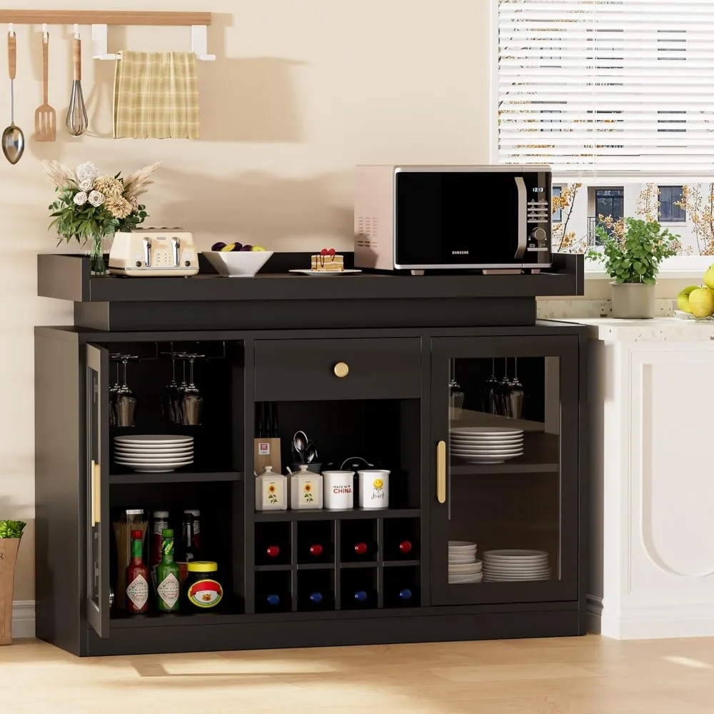 Weinbarschrank mit LED-Licht, Kaffeeschrank für Zuhause mit Wein- und Glasregal, Lagerregale, 1 Schublade, moderner freistehender Stil