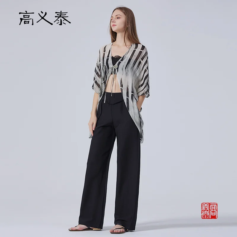 Gao Yitai soie imprimé georgette manches moyennes respirant soyeux lisse et doux à lacets couverture extérieureWYD096