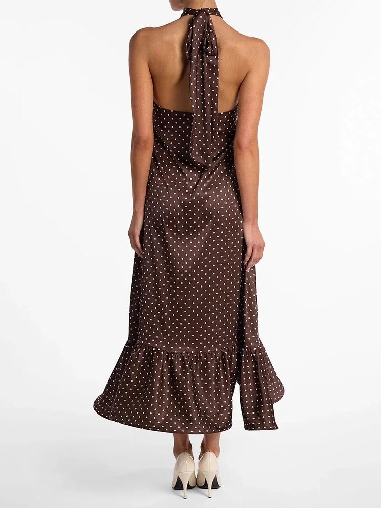 Chaxiaoa 폴카 도트 셔링 프릴 섹시한 미디 드레스 여성 가운 패션 홀터넥 민소매 백리스 하이 웨이스트 클럽 롱 드레스