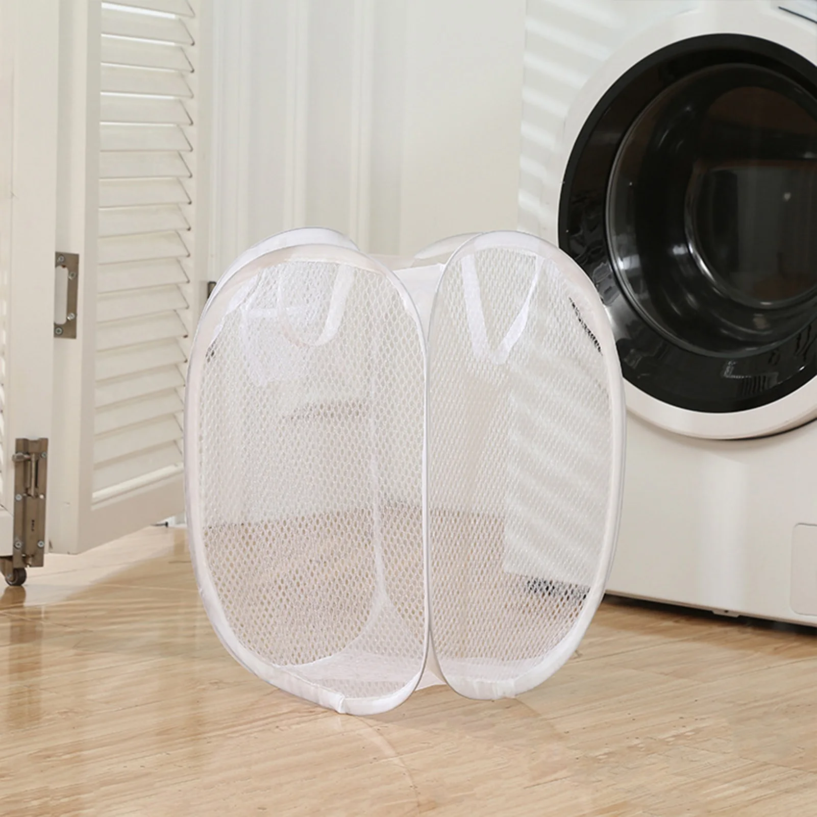 Collapsible Mesh Laundry Basket with Wide Opening and Side Pocket Design Suitable for Family Vacations